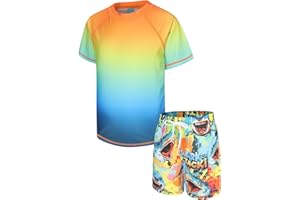 Moon Tree Boys Rash Guard Set for Boys 2 Piece Swimsuits Short Sleeve Bathing Suits with Trunks Quick Dry Swim Shirts