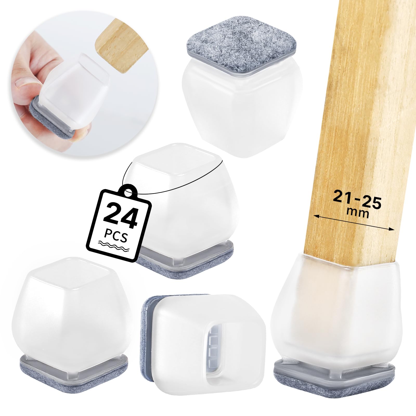 RCHYFEED Chair Leg Floor Protectors, 24Pcs Transparent Chair Feet Cover with Wrapped Felt, Chair Leg Protectors for Hardwood Floors, Furniture Feet Protectors Pads (Fit:21-25mm)