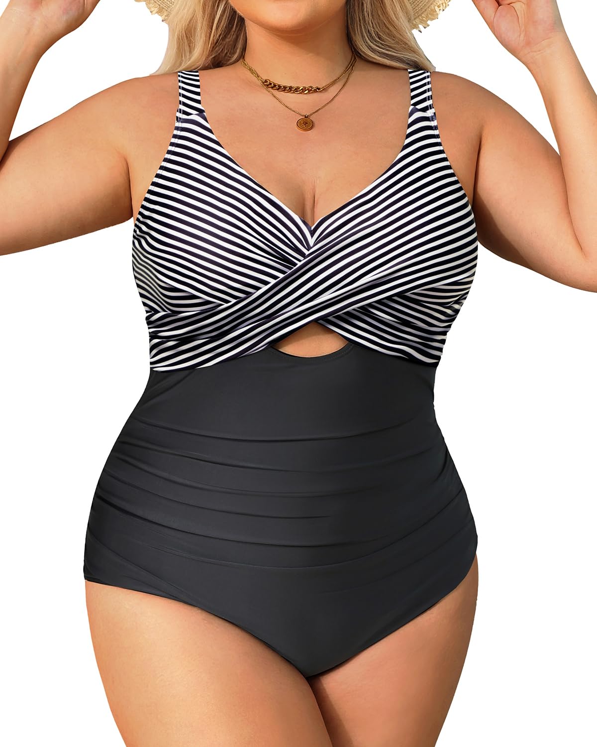 Photo 1 of Daci Black Striped Plus Size One Piece Swimsuits - Tummy Control Bathing Suit for Women Cutout Swimwear 18W
