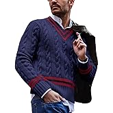 PASLTER Mens V Neck Sweater Cable Knit Chunky Relaxed Fit Fashion Twist Thermal Pullover Tennis Sweaters