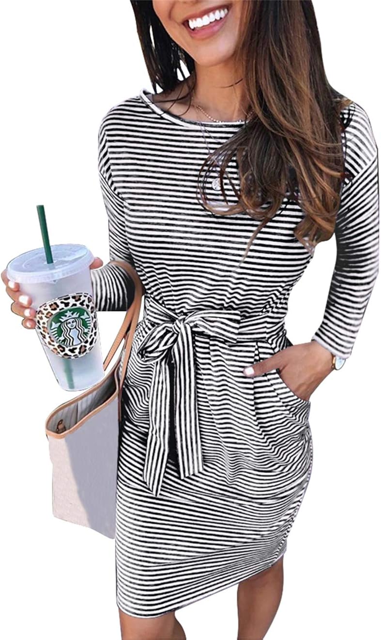 PRETTYGARDEN Women's 2020 Casual Long Sleeve Party Bodycon Sheath Belted Dress with Pockets: Clothing