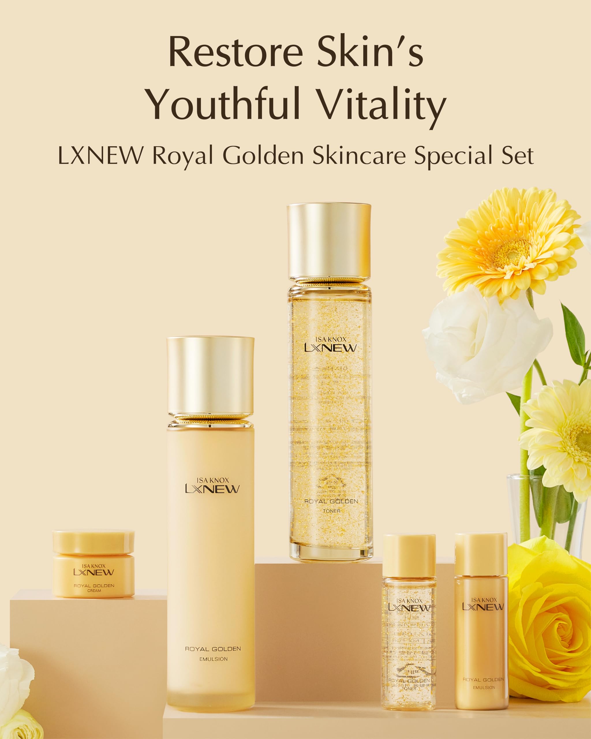 ISA KNOX Royal Golden Skin care Gift Set (11.4fl oz) - Korean Luxury Skin Care for Rejuvenation and Youthful skin. Royal Peptides & Jelly, Niacinamide. Guasha
