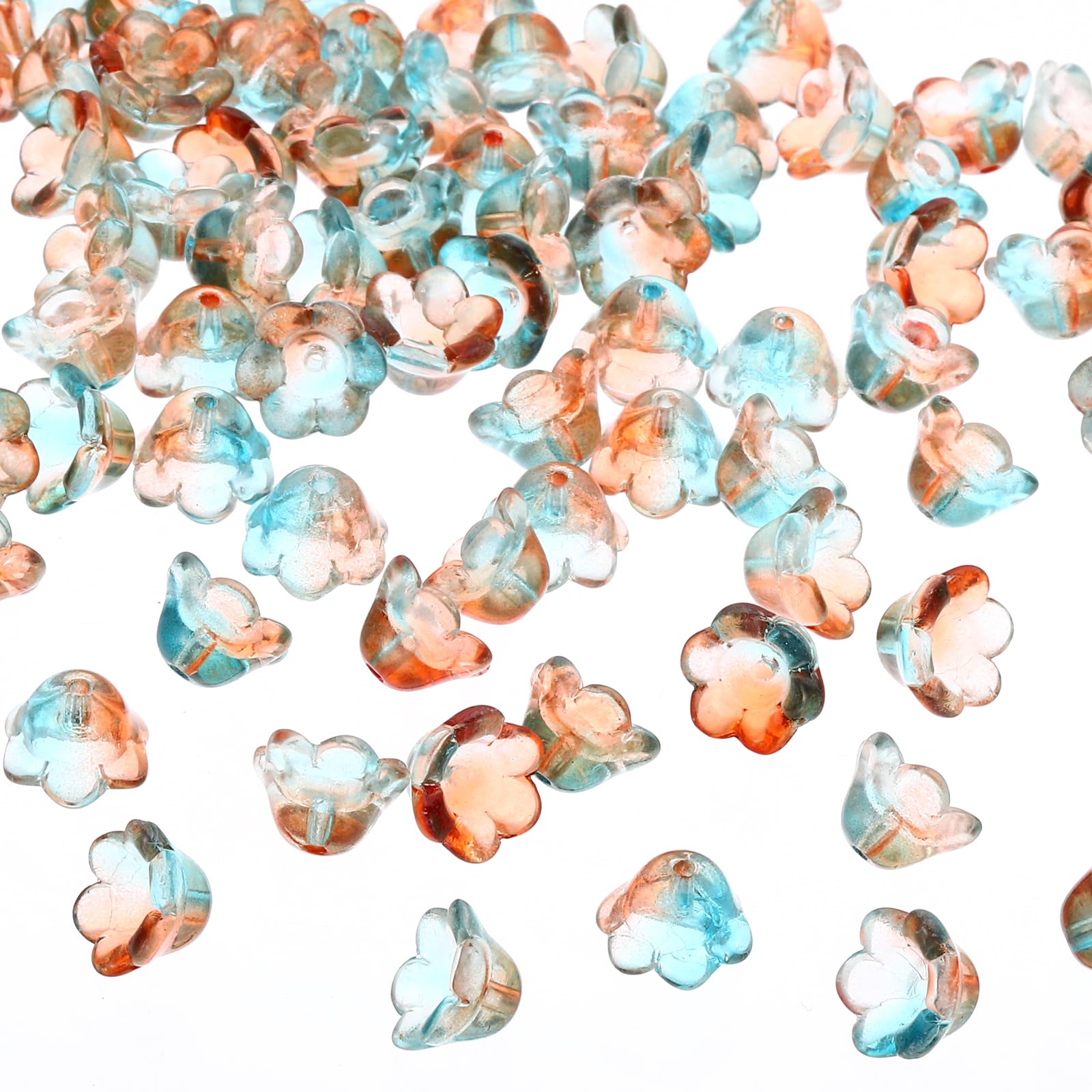 PATIKIL Glass Trumpet Flower Beads, 100 Pcs Gradient Flower Bead Charm for DIY Craft Decorations, Orange, Cyan