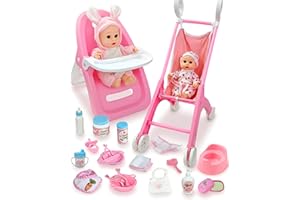 PLAYFULBAY Baby Doll Stroller Set, 28-Piece Playset with High Chair, 2 Doll Outfits & Accessories, Imaginative Role-Play Gift