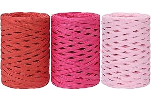 Whaline 984ft 3 Roll Valentines Pink Red Raffia Ribbon Rose Red Matte Paper Craft Ribbon 3 Color Natural Raffia Ribbon Wrapping Paper Twine for Valentines Day DIY Craft Gift Box Packing Decor