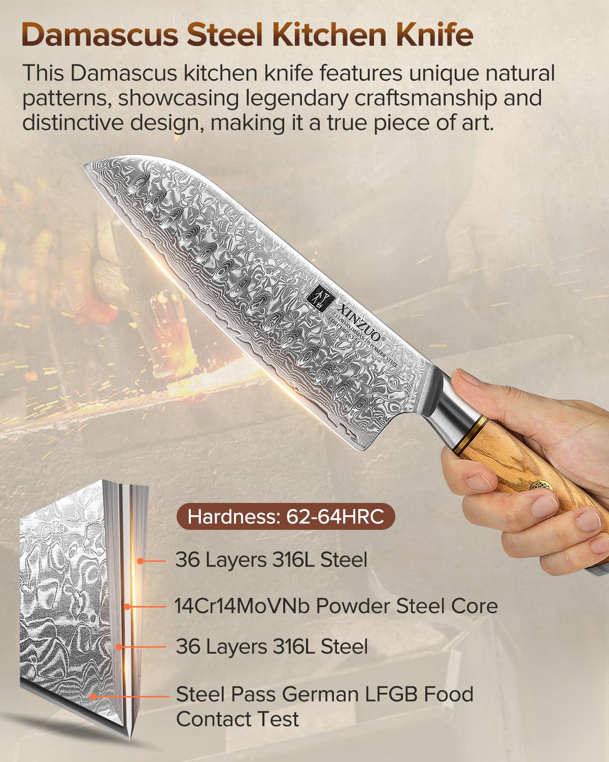 XINZUO Damaststahl 18.2cm Santokumesser, scharf Kochmesser 73 Schichten Damastpulverstahl profi Küchenmesser Chefmesser-mit ergonomischer Olivenholz Griff -Lan Series 2