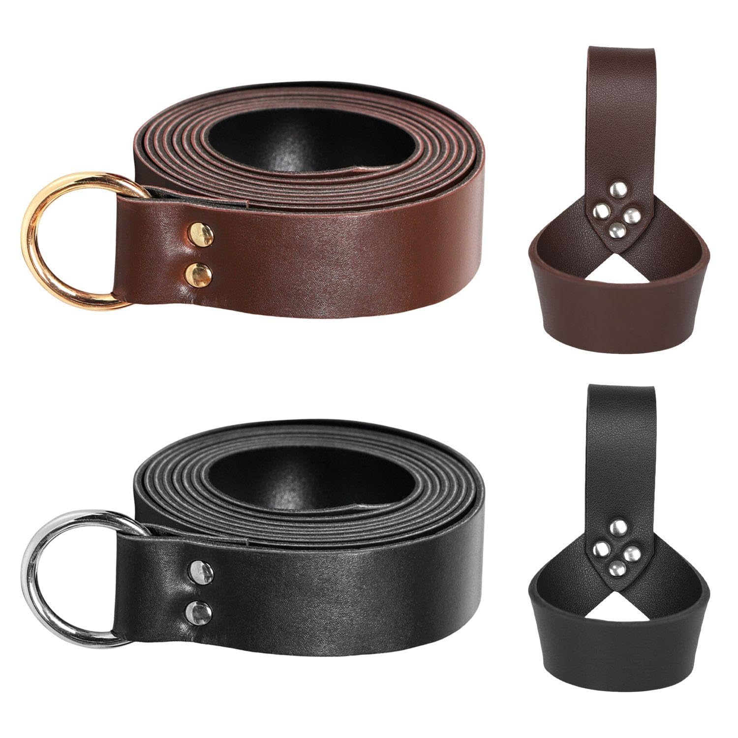 OODJVN 2 Leather Belts And 2 Knight Sword Sets, Fashionable Combat Knight Belts, Adjustable Retro Scabbard, Performance Props, Role-Playing.