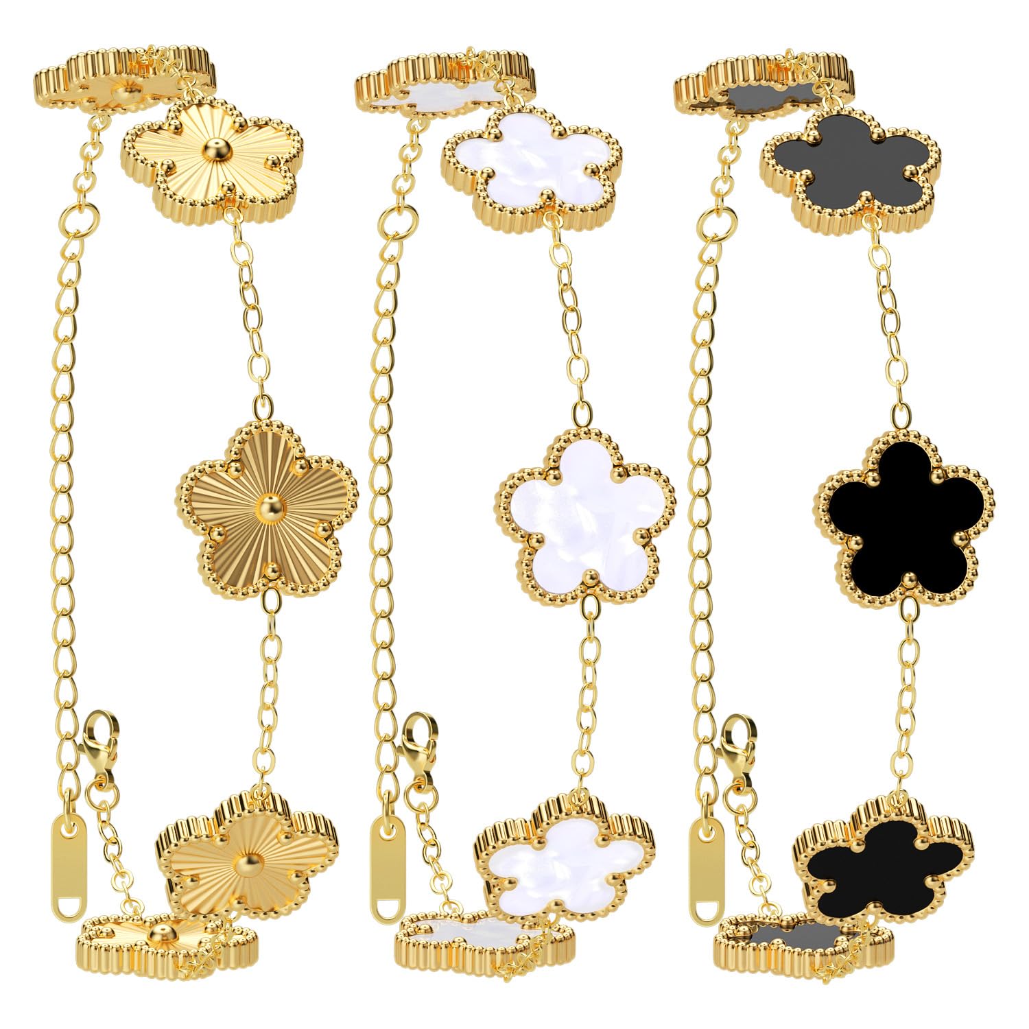 AICase 18K Gold Plated Clover Bracelet Dupes Gold/White/Black Bracelet Set for Women Flower Leaf Lucky Clover Bracelets Trendy Jewelry Birthday Gifts for Women/Mon/Friends