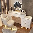 Large Vanity Table Set with Lighted Mirror, Makeup Vanity Dressing Table with Movable Bedside Table and Cushioned Stool, 3 Color Light Adjustable Brightness, Deal for Home Bedroom Decor ( Color : Whit