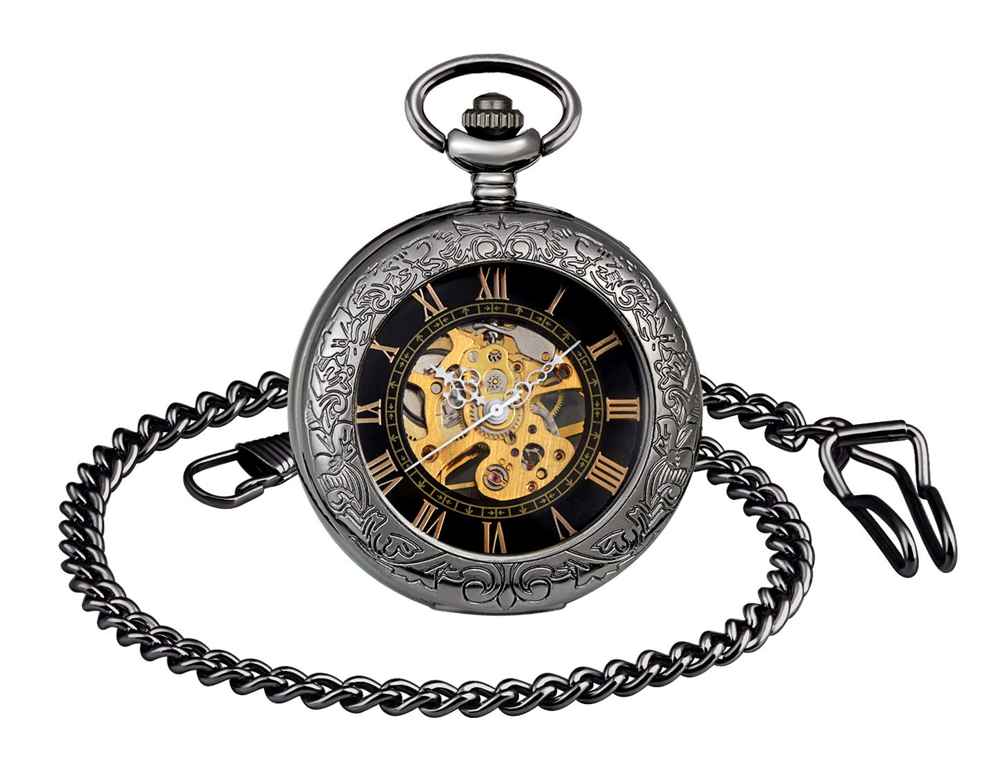 MICGIGI-Unisex Pocket Watch Mechanical Hand-Wind Analogue Classic Magnifier Pocket Fob Watches with Chain