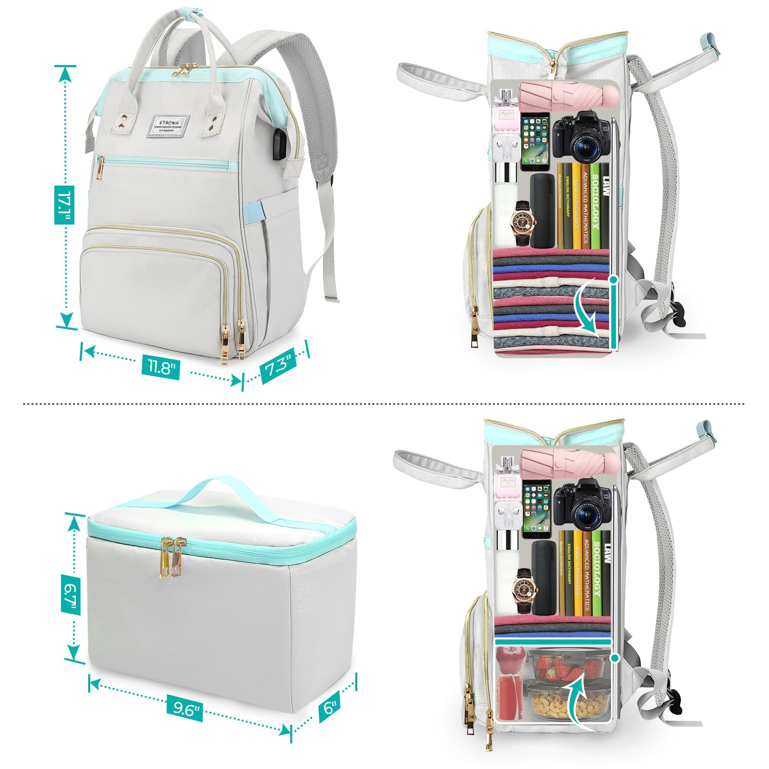 ETRONIK Lunch Backpack, 15.6 Inch Laptop Backpack with USB Port, Stylish Nurse, Teacher Work Bag with Insulated Cooler Lunch Box for Women Men, College Backpack for Travel, Grey Blue