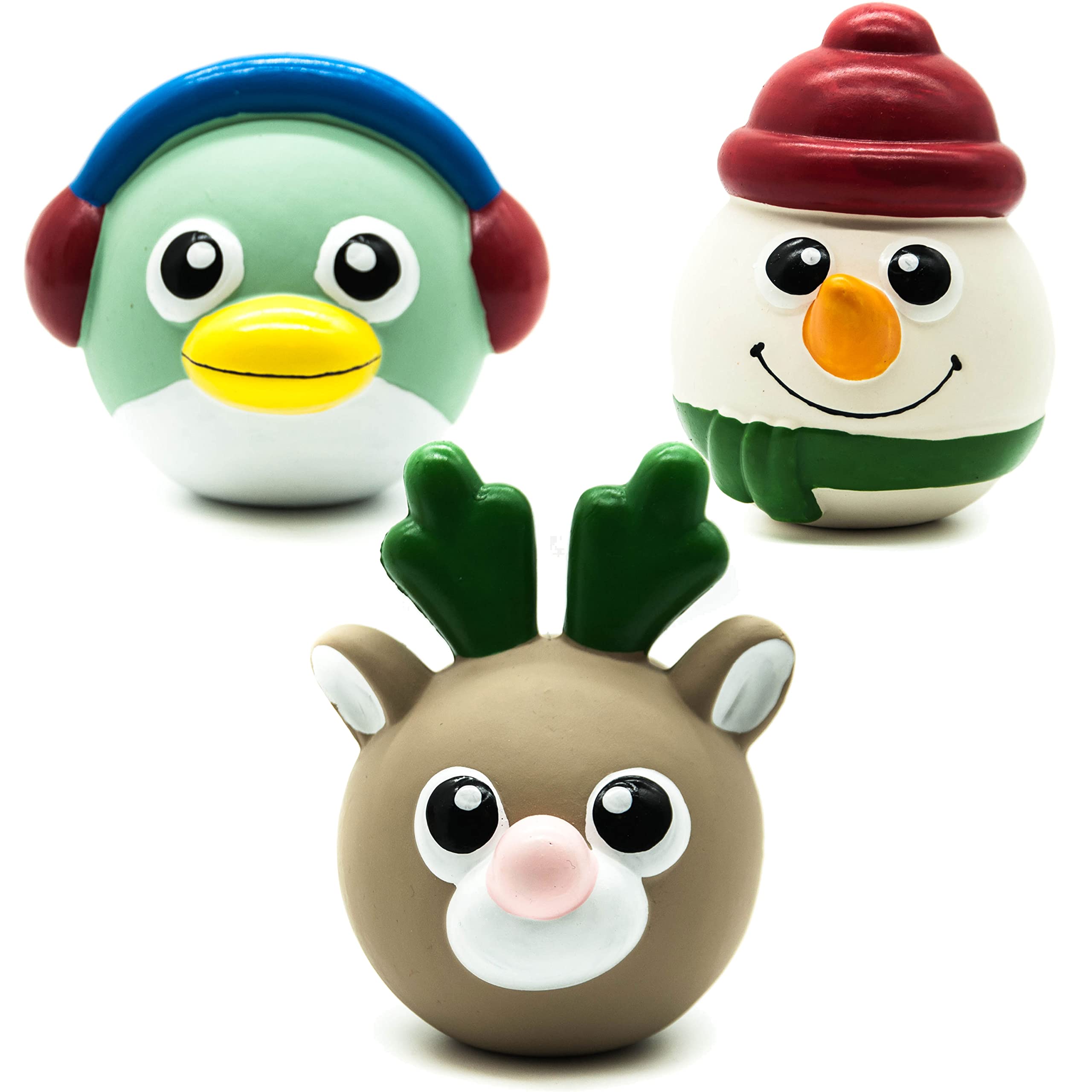Petopedia Festive Squeaky Dog Toys - Interactive LATEX Chew Toys for Boredom - Standing Rolling Pet Reindeer, Penguin, Snowman Puppy Teething Toys (Assorted, Pack of 2)