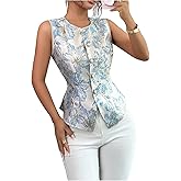 Floerns Women's Elegant Floral Button Down Blouse Sleeveless Crew Neck Work Office Dressy Shirts