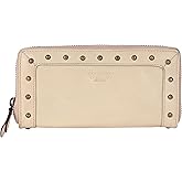 VILENCA HOLLAND Vintage Genuine Italian Leather Boho Studded Wallet – Zipper Coin Purse & Credit Card Holder for Women (Beige)