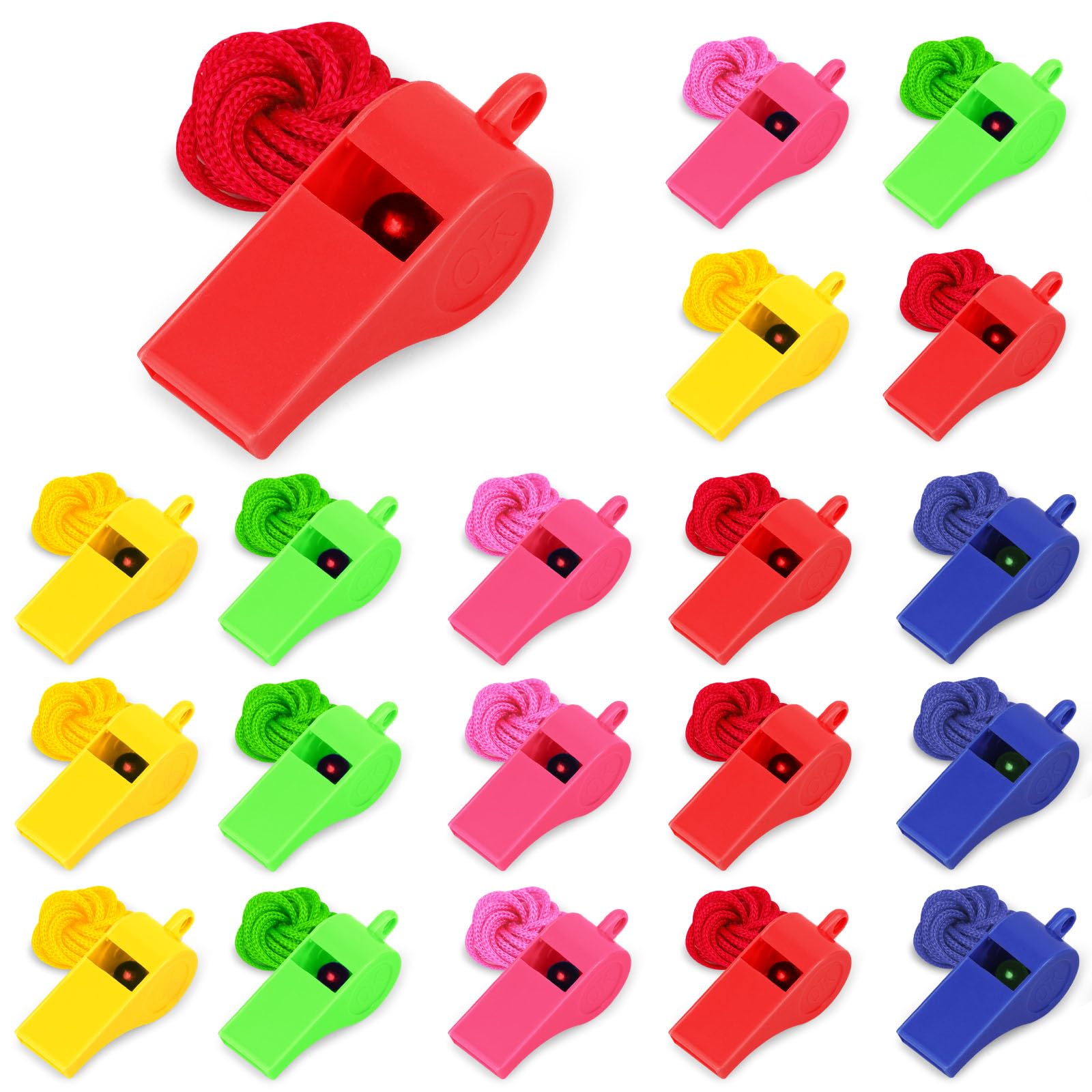 Vicloon Placstic Whistle, 20pcs Referee Whistle, Whistles with Lanyards Sport Whistle children's whistle for School Sports Training, Football, Security and Emergency Survival (5 Colors)