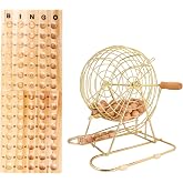 GSE Deluxe Bingo Game Set with 12" Tall Large Brass Metal Bingo Cage | Includes Folding Wooden Master Board, 7/8" Wooden Calling Balls, for Family Game Nights, Parties, Friend Gatherings