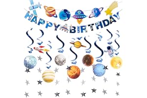 Homarkable Pre-strung Birthday Party Decorations Outer Space themed Set, with 2 Banners, 10 Solar System Planet Swirl Streamers, Hanging Dazzling Star Garlands for Kids Teens Party Decoration Gifts