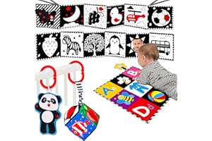 THREMHOO 4 PCS Black and White High Contrast Baby Toys 0-3-6 Months Newborn Essential Montessori Toy for Babies Crinkle Sensory Book Brain Development Tummy Time Mirror Infant Carseat Rattle Easter Shower Gift