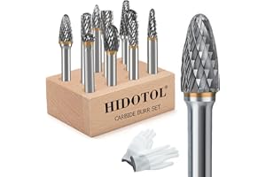 HIDOTOL Carbide Burr Set 1/4" Shank 10PC Tungsten Double Cut Carbide Rotary Burr Set for Metal and Wood Carving, Grinding, Polishing, Engraving, Drilling in Wooden Case.