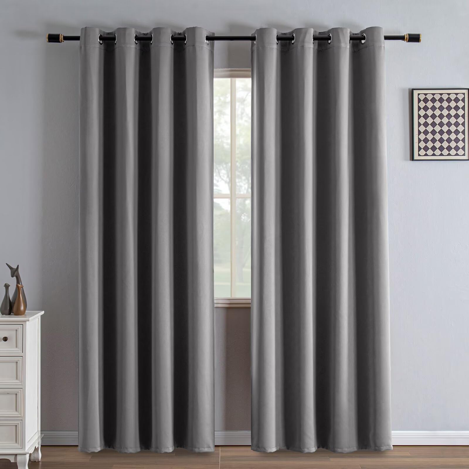 IGEMAEVE Light Grey Blackout Curtains 84 Inch Length 2 Panels Set, Black Out Curtains for Bedroom 84 Inch Long, Grommet Energy Saving Room Darkening Drapes for Living Room Window(W35 x L84) Image
