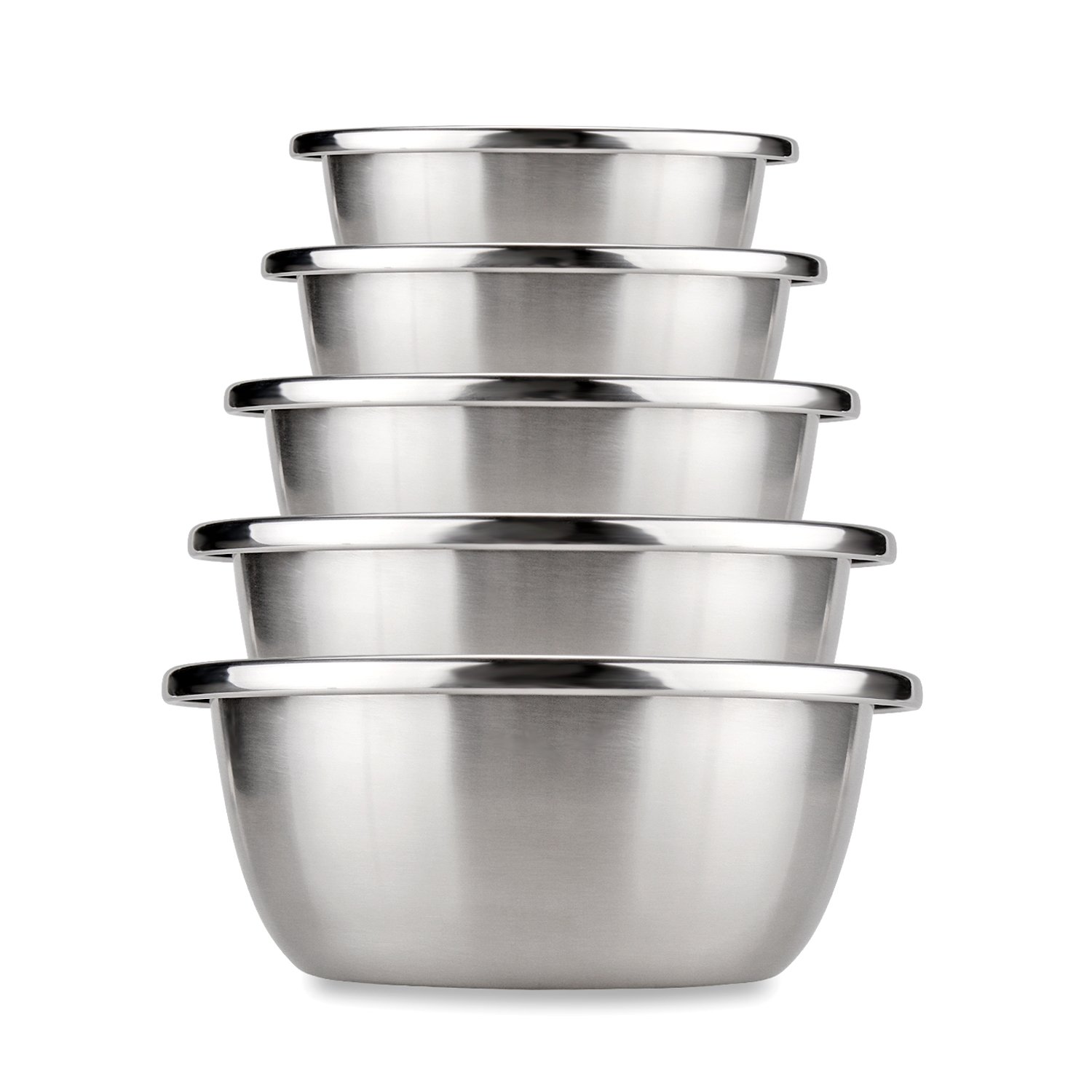 Mixing Baking Bowl Set, Stainless Steel, Solid and Durable, Mirror & Brushed Finish, Flat Bottom, Big Lip, Set of 5