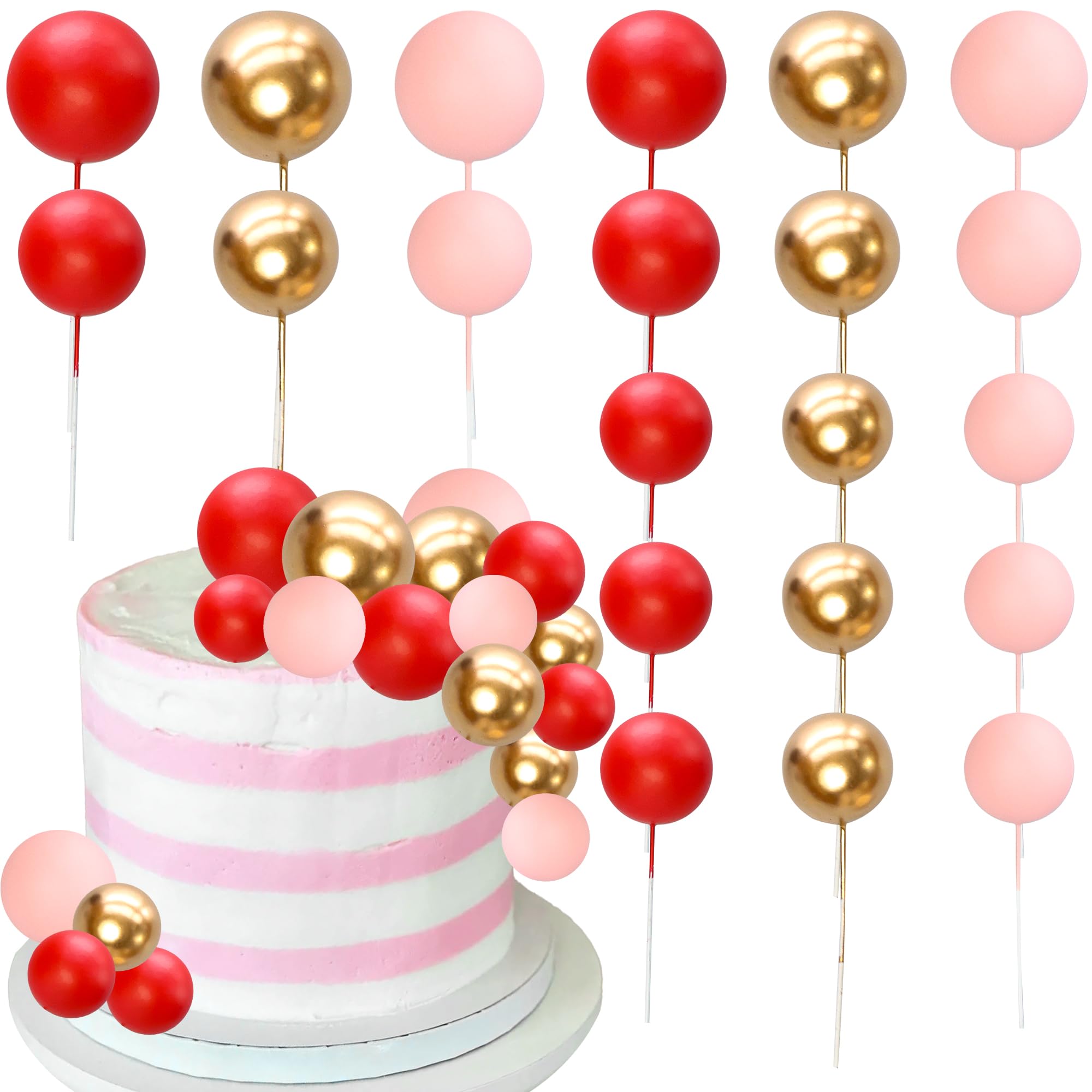 Gyufise 30Pcs Mini Balloon Cake Topper Foam Ball Cake Picks Valentines Day Cupcake Faux Pearl Balls DIY Cake Insert Topper Baking Decoration for Christmas Anniversary Birthday Party Red Pink Gold — image 1
