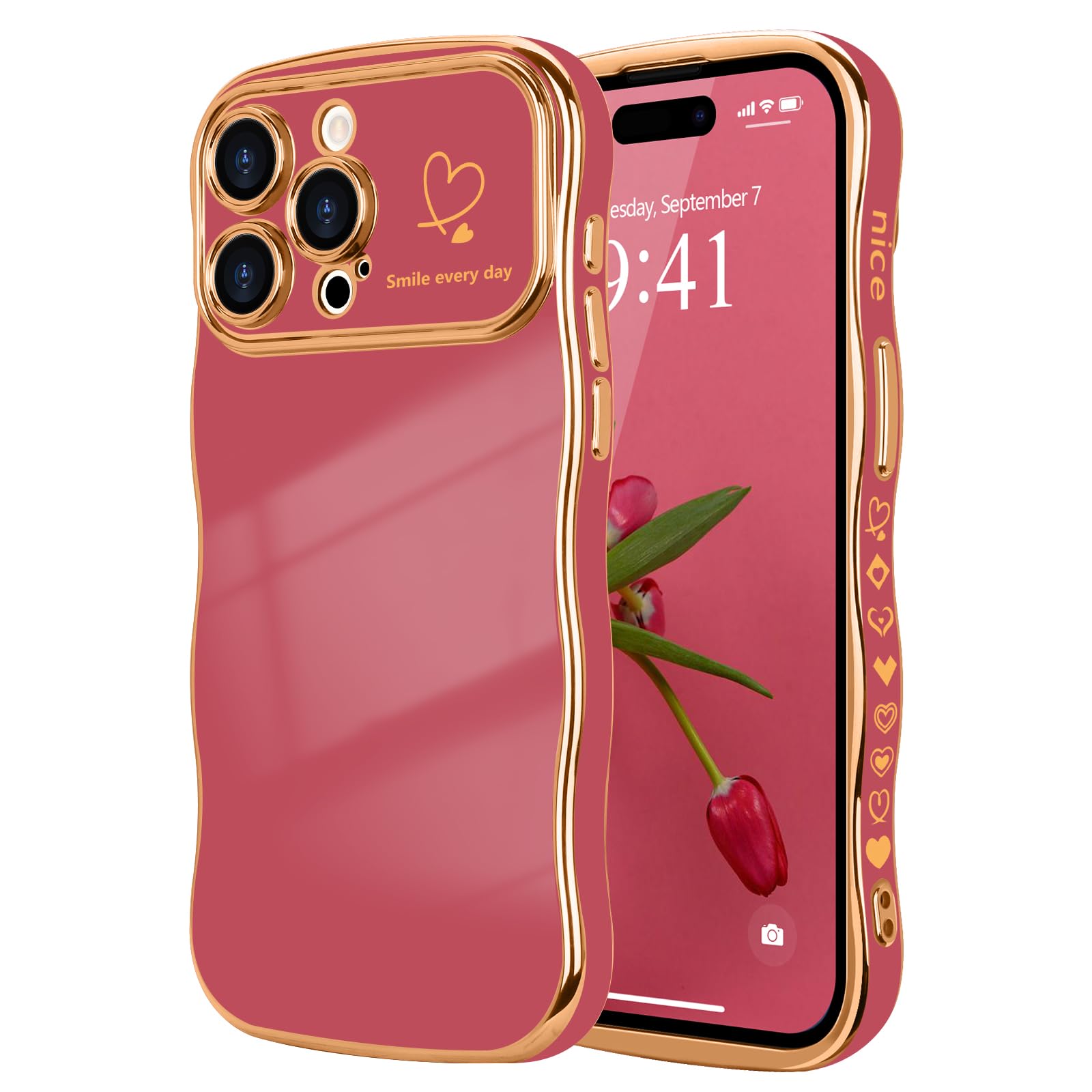 LCHULLE for iPhone 15 Pro Case for Women Girls,Cute Curly Wave Frame Shape Love Heart Pattern Phone Case,Raised Camera Protection Luxury Plating Shockproof Cover for iPhone 15 Pro 6.1",Faint Red