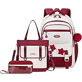 GRUOTEIS Girls Backpack for Kids Elementary Middle School, 3Pcs Backpack and Tote Bag Set for Teen Girls School Bag, with Star Pins and Furry Pendant, A08-3Pcs Wine-red