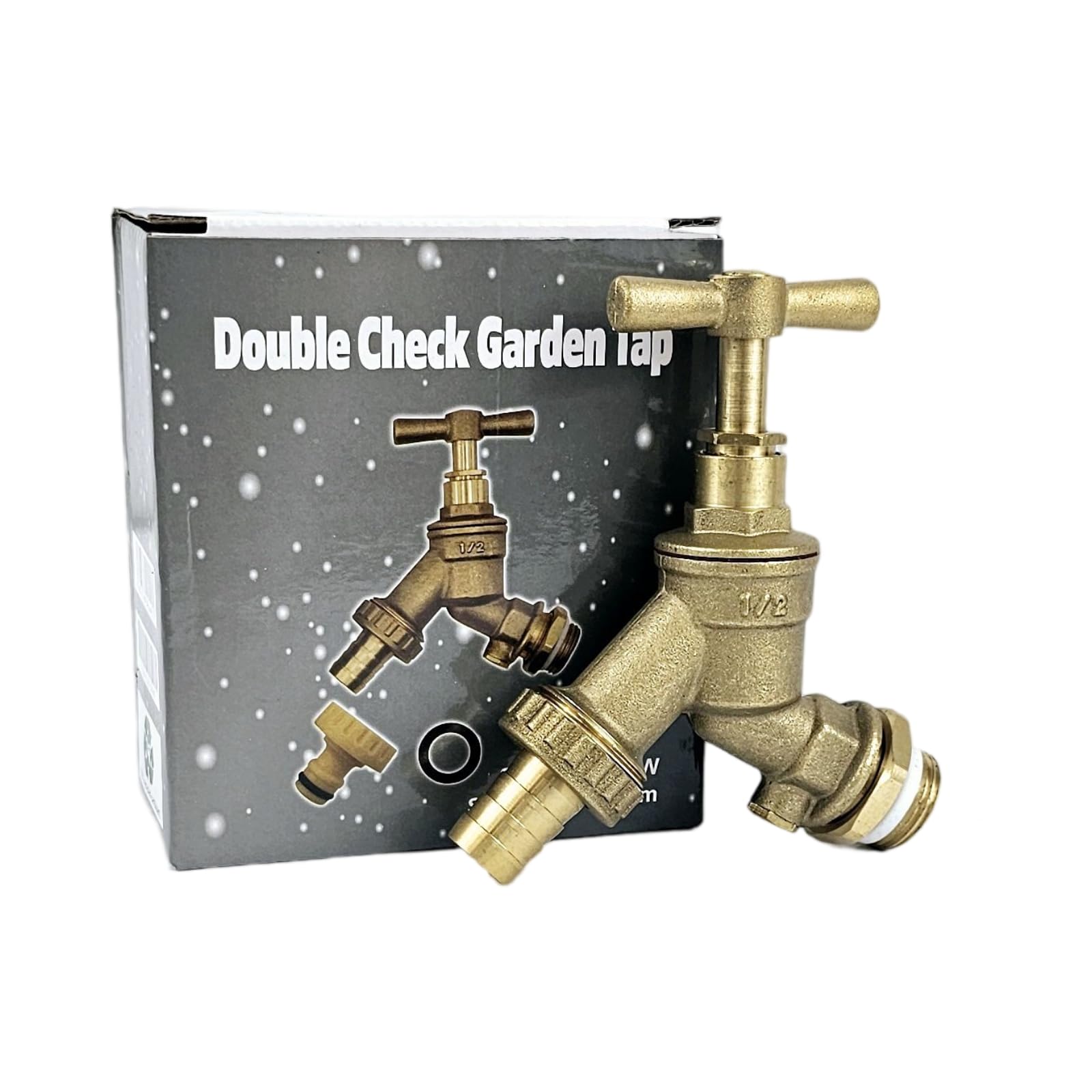 Brass Garden Bib Tap with Double Check Valve System, Wall Mount Installation, Polished Gold Finish, 1/2 Inch Connection