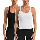 ATTRACO 2 Pack Ribbed Workout Tank Top with Built in Bra Women Seamless Cropped Racerback Yoga Tops Tight Fit