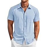 Runcati Mens Button Down Linen Shirt Short Sleeve Casual Vacation Shirts Summer Beach Wedding Tops with Pocket