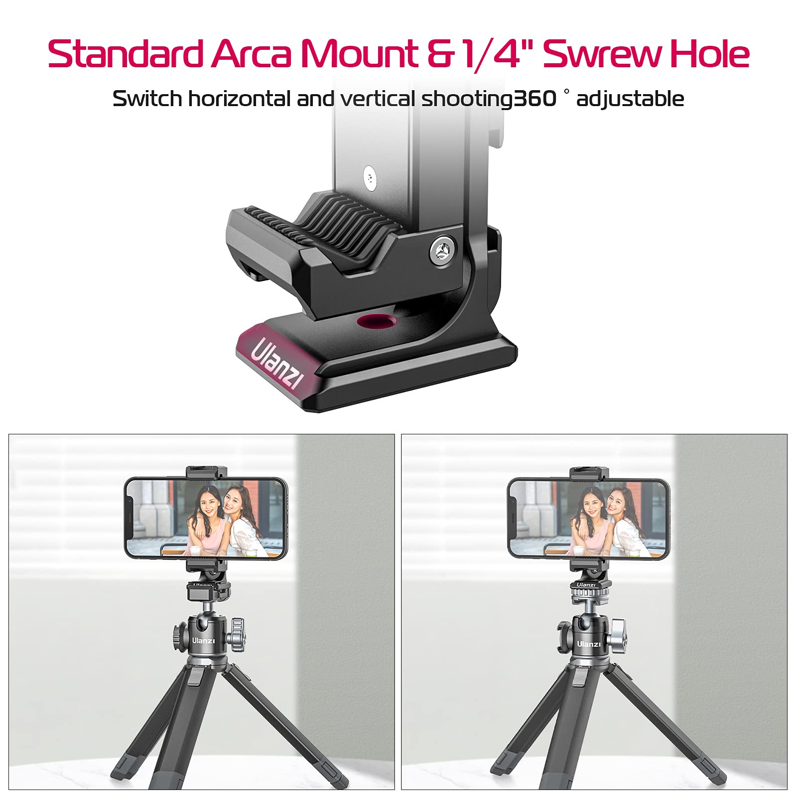 Metal Phone Tripod Mount 3 Cold Shoes & Arca Port, 360° Smartphone Tripod Adapter for iPhone Samsung Cell Phone Stand Holder for Desktop Video Live Streaming Vlogging Rig