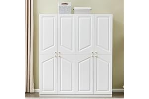 Idealcabin Closet 4 Doors Armoire Wood Wardrobe Closets Cabinet White Storage Cabinet Closet Bedroom Armoires Wooden Wardrobe Cabinets for Clothes with Hanging Rod (20.2" D x 62.9" W x 71.6" H)