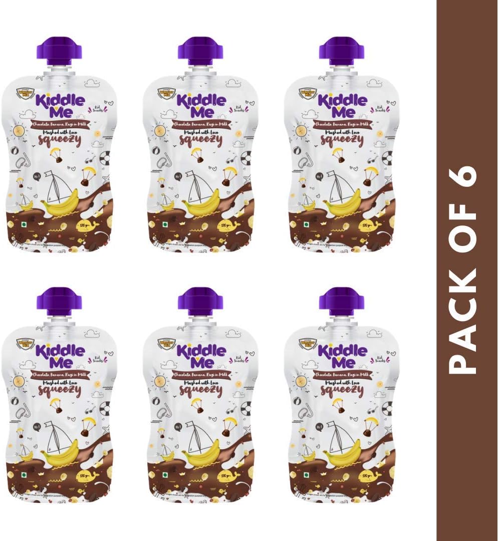 Kiddle Me Squeezy Fruit Puree (120g-Pack of 6) | Milk Squeezy with Chocolate+Banana & Ragi | Fruit Puree Based Healthy Fortified Snacks for Kids