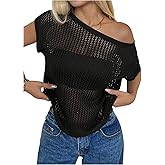 WDIRARA Women's Hollow Out Crochet Off The Shoulder Sweater Short Sleeve Pullover Knit Tops