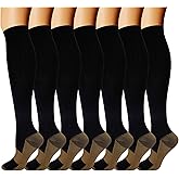 Double Couple 7 Pairs Copper Compression Socks for Men Women 20-30 mmHg Knee High Stockings
