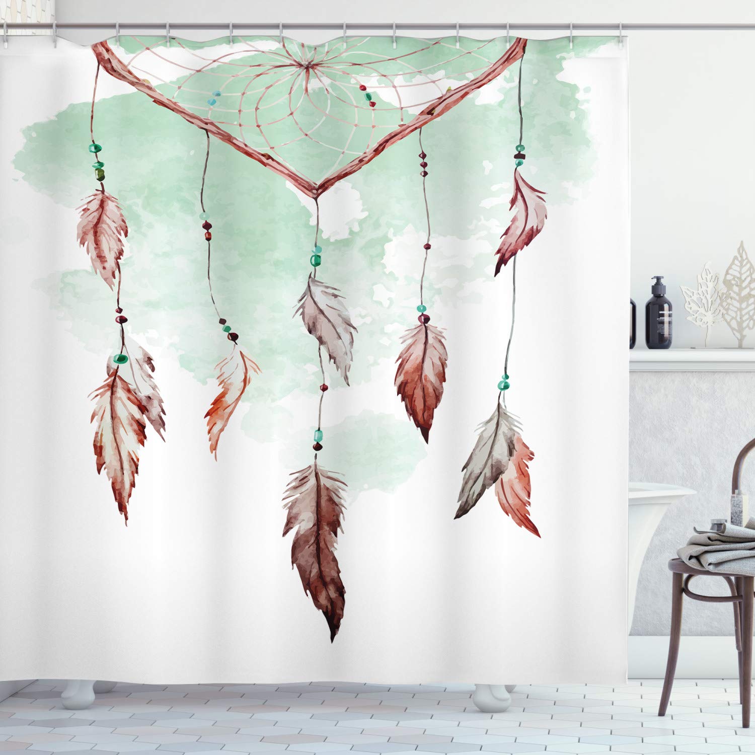 ABAKUHAUS Feather Shower Curtain, Watercolor Vibrant Dream Catcher Ornamental Elements Traditional Design, Cloth Fabric Bathroom Decor Set with Hooks, 70 Inches, Mint Green Brown