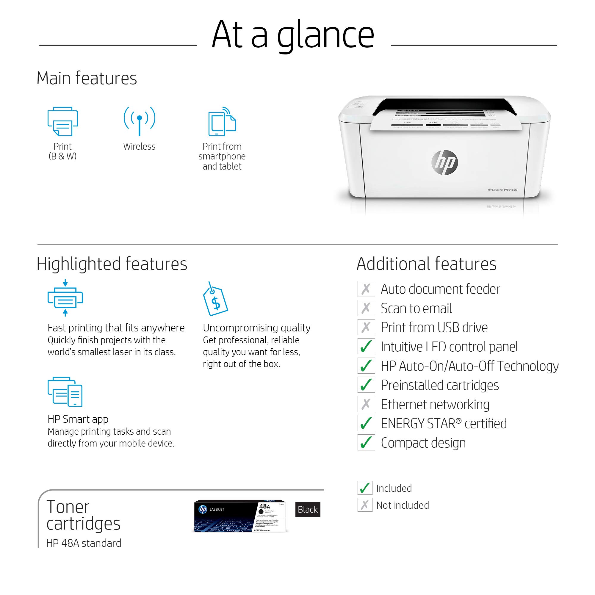 HP LaserJet Pro M15w Wireless Monochrome Printer, works with Alexa (W2G51A)