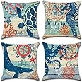 ULOVE LOVE YOURSELF Ocean Theme Square Pillow Case Mediterranean Style Decorative Cotton Linen Throw Coastal Cushion Cover Sets 18 X 18 Inch Pillow Covers, 4 Pack Nautical Pillow Covers (Sea Theme-2)