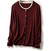 Ciovkis Women's Merino Wool Blend Cardigan 2025 Fall Winter Fake Two Piece Color Block Crewneck Long Sleeve Knit Sweater