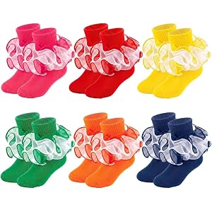 MKYSZLT 6 Pairs Girls Ruffle Socks White Toddler Frilly Lace Socks Cute Fancy Princess Dress Socks Kids Big Girl Daily Wear