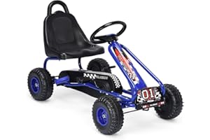 HONEY JOY Go Kart for Kids, 4 Wheel Pedal Powered Go Cart with Steering Wheels & Adjustable Seat, Safety Hand Brake, Non-Slip Tires, Outdoor Off-Road Racer Ride On Pedal Car for Boy Girl (Blue)