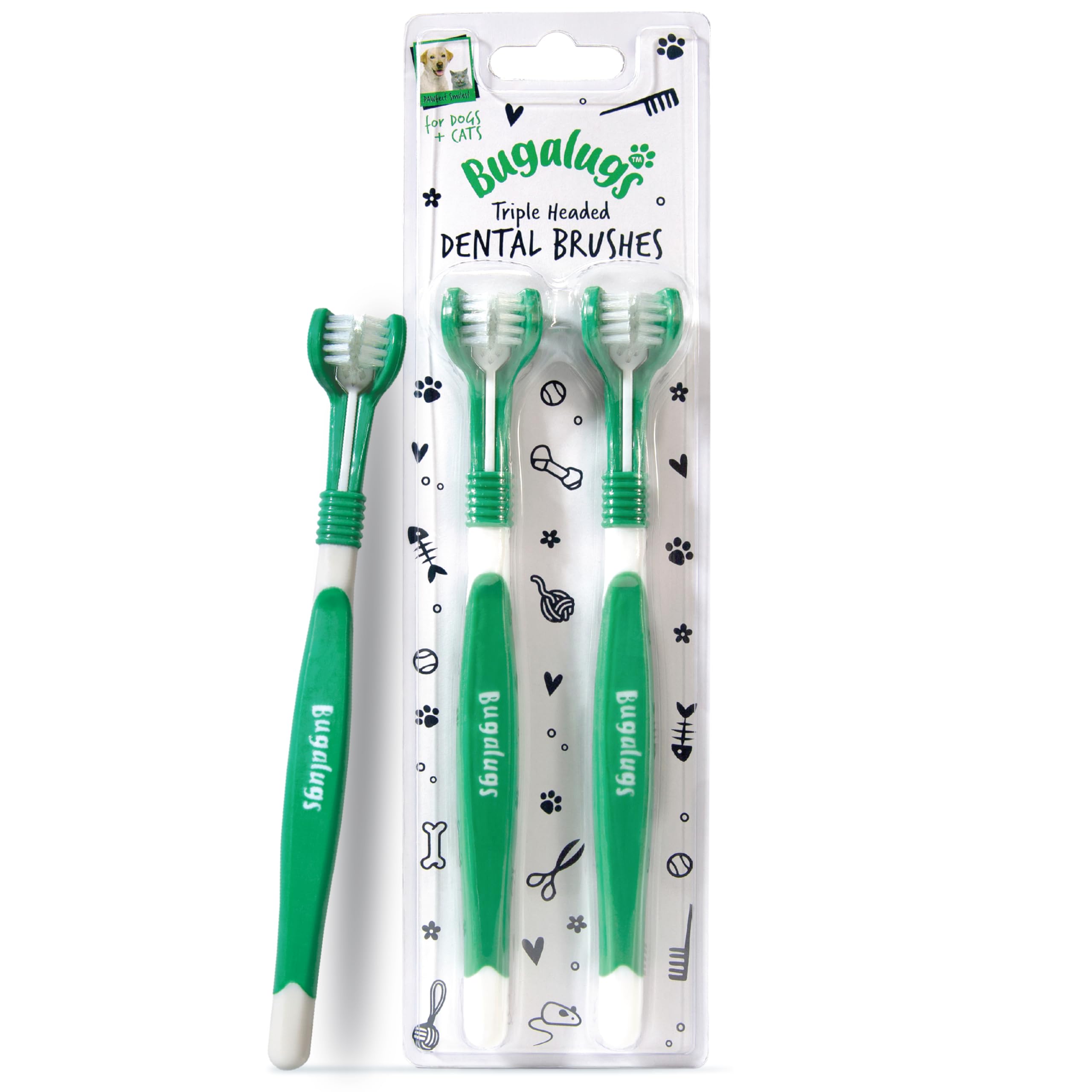 Bugalugs Dog Toothbrush & Cat Toothbrush Triple Headed Plaque Remover, Our Dental Teeth Cleaning Products Makes Teeth Cleaning Easier with Dog Toothpaste & Cat Toothpaste
