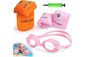 AOEOUN Arm Floaties for Kids,Swim Trainer Floaties and Kid's Swimming Goggles with Anti-Fog and Anti-UV(4 Pack),PVC Arm Floaties Inflatable Swim Arm Bands Floater Sleeves Children's Swimming Ring