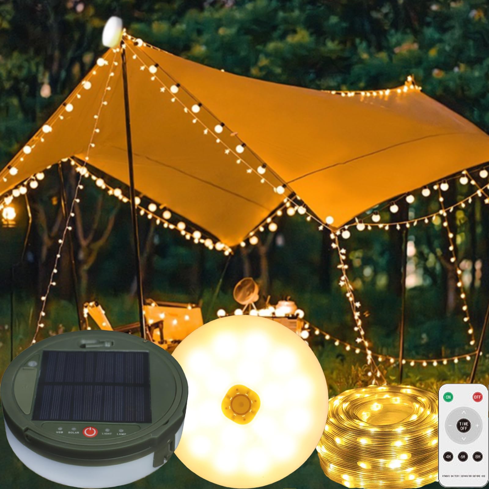 Solar Camping Lights - 2 in 1 Stowable String Lights with 8 Modes, Solar & USB Rechargeable, Waterproof for Indoor & Outdoor Use, Hiking, Garden, Patio (32.8ft)