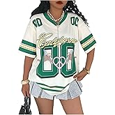 RoseSeek Women's Plus Size Graphic Color Block Jersey Shirts V Neck Short Sleeve Sports T Shirt Streetwear Beige Green 4X-Large Plus