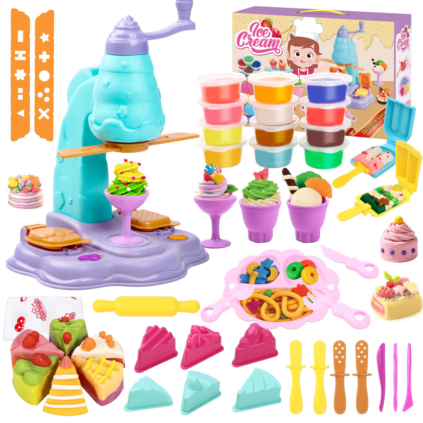 JoiTale Play Color Dough Ice Cream Set, 42Pcs Ice Cream Maker Dough Accessories Set With 12 Colors Clay Dough, Kitchen Creations Modelling Clay Toys Tools Kit for Kids 3+ Boys Girls