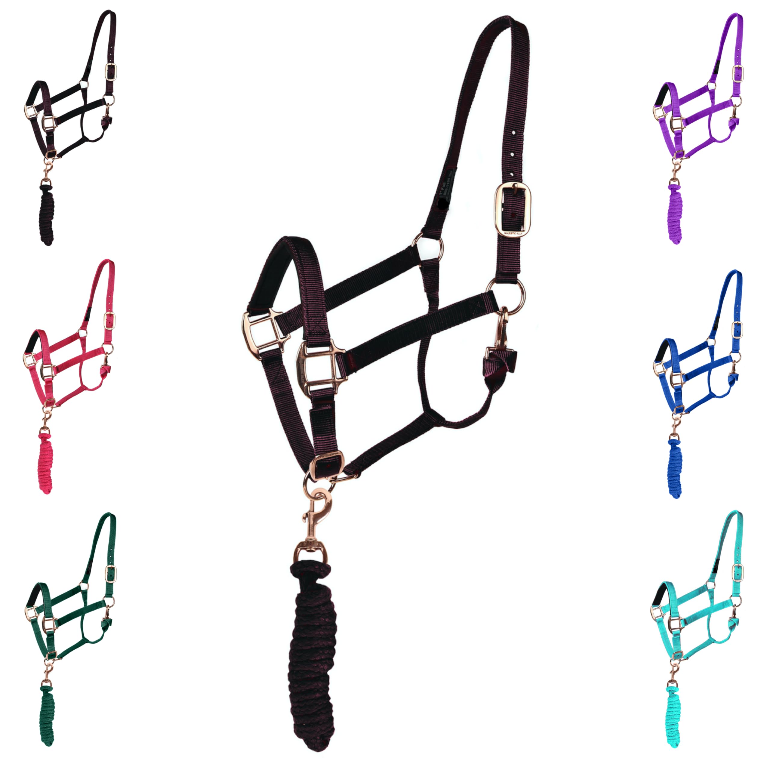 Majestic Ally HeadCollar Halter with Matching Lead Rope for Horses–Adjustable Chin and Crown-Replaceable Snap–Padded Noseband–Rose Gold Finish Hardware–Full (Black, Full)