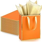 Yeaqee 24 Pack Metallic Paper Gift Bags with Handle and Tissue 9x7x3.1 Gold Foil Welcome Thank You Favor Bags Return Gifts for Wedding St. Patrick's 5 Senses Bridesmaid Birthday(Orange, Gold)