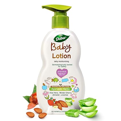 Dabur Baby Lotion: For Baby's Sensitive Skin with No Harmful Chemicals |Contains Aloe Vera , Licorice & Almonds |pH balanced , Hypoallergenic & Dermatologically Tested with No Paraben & Phthalates-500 ml